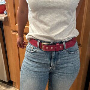 Vtg Pink Fuscia (almost a red) Leather Belt, Black Suede inside Gold Tone Buckle